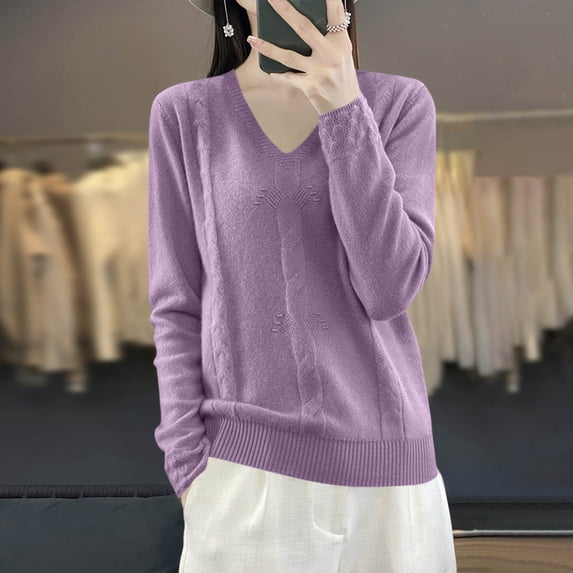 Molidfa Relaxed Fit womens ribbed long sleeve Knit Tops Pull-On V-Neck Regular Cozy Autumn Outfits Solid L