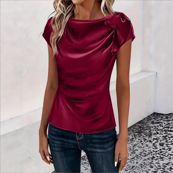 Molidfa Ruched Boat Neck Pull-On Short Sleeve Pullover Slim Casual Cap Solid Casual Off the Shoulder Women's T-Shirt