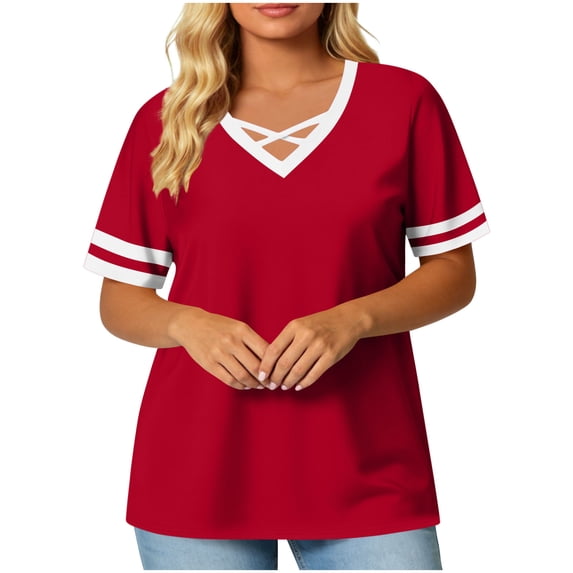 Molidfa Short Sleeve V-Neck Pull-On Regular Stretchable Ringer Daily Women's Short-Sleeve Shirts Set-In Solid Set-In Sports