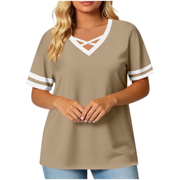 Molidfa Short Sleeve V-Neck Ringer Regular Pull-On Stretchable Daily Set-In Women's Short-Sleeve Shirts Solid Sports Set-In