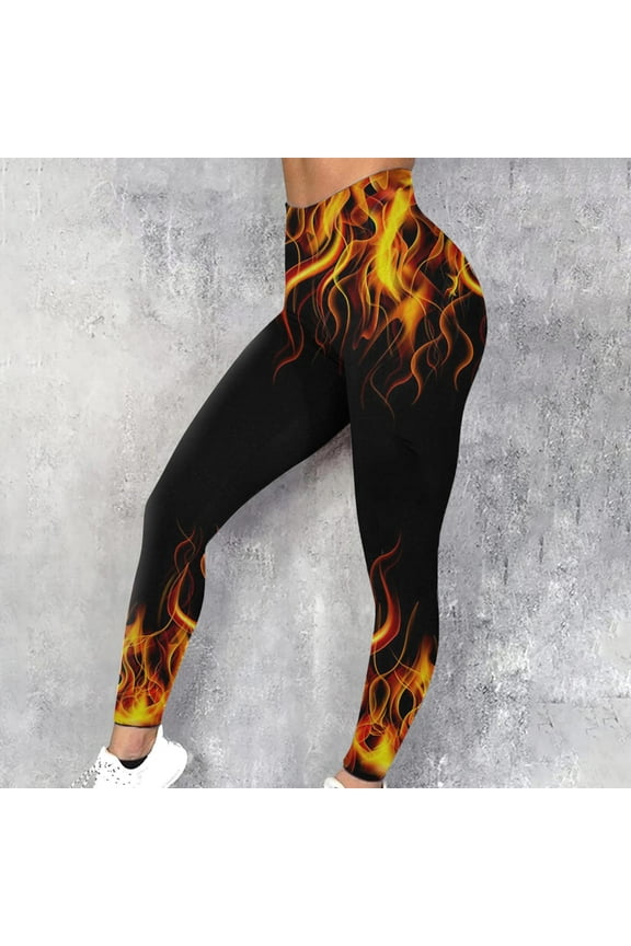 Slim-Leg Womens Yoga Pants Stretch Flame Printed Leggings Yellow Women's Pants