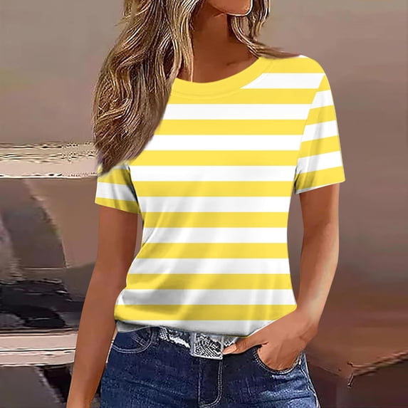 Molidfa Stretchable Crew Neck Pullover Short Sleeve Pull-On Regular Casual Nautical Set-In Striped Drop Shoulder Women's Short-Sleeve Shirts