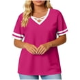 thumbnail image 1 of Molidfa Stretchable V-Neck Short Sleeve Ringer Pull-On Regular Daily Sports Set-In Set-In Solid Women's Short-Sleeve Shirts, 1 of 5