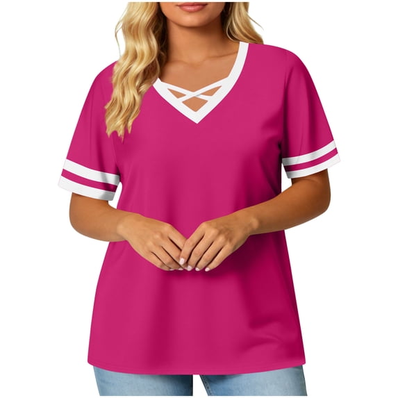 Molidfa Stretchable V-Neck Short Sleeve Ringer Pull-On Regular Daily Sports Set-In Set-In Solid Women's Short-Sleeve Shirts