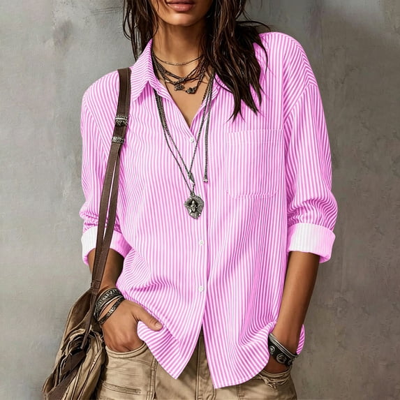 Molidfa Striped Tops Womens Button Down Collared Shirt, Loose Fit Casual Womens Tops