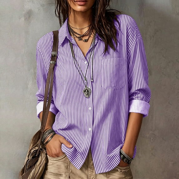 Molidfa Striped Tops Womens Button Down Collared Shirt, Loose Fit Casual Womens Tops
