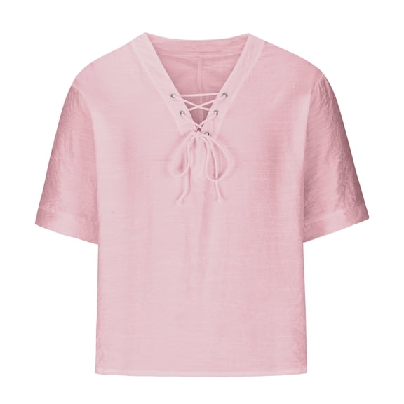 Molidfa T Shirts Men Big And Tall V Neck Solid Pullover Summer Pink Elbow-Length Drawstring Shirts for Men
