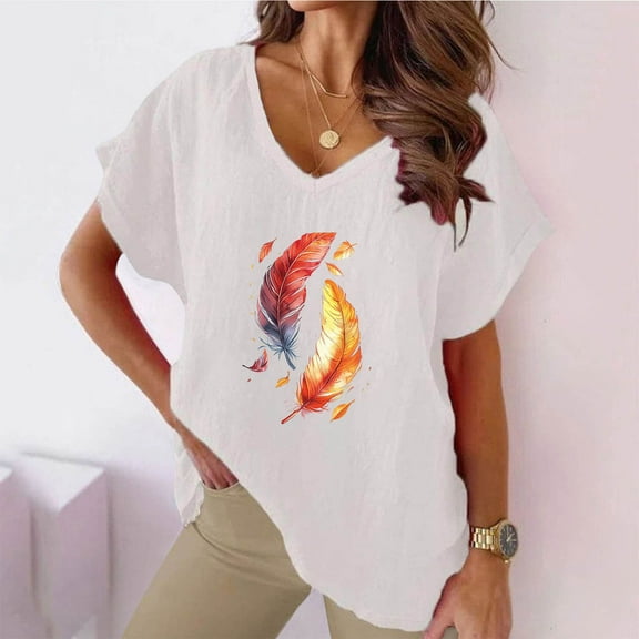 Molidfa White comfortable feather print Pullover Short Sleeve feather print V-Neck T-Shirts