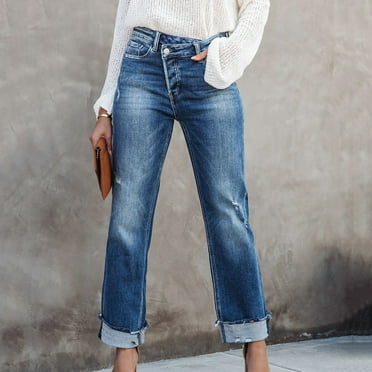 Molidfa With Pockets Women's Jeans Cuffed Solid Stretchy Frayed Denim Pants Blue Jeans Ladies