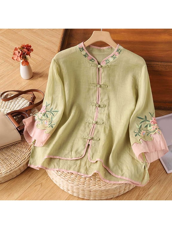 Women Plus Size Blouse Mandarin Collar 3/4 Sleeve Floral Embroidery Loose Fit Vintage Frog Button Top for Daily Wear XXXL Sizes