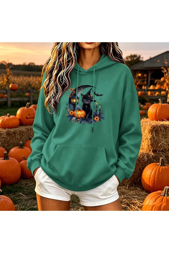 Women's Black Cat Hoodie Halloween Pumpkin Graphic Oversized Pullover Sweatshirt