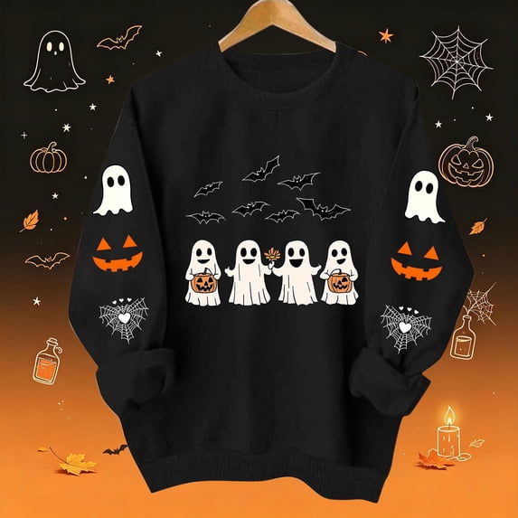 Molidfa Women's Black Halloween Sweatshirt Ghost Squad Graphic Crew Neck Top