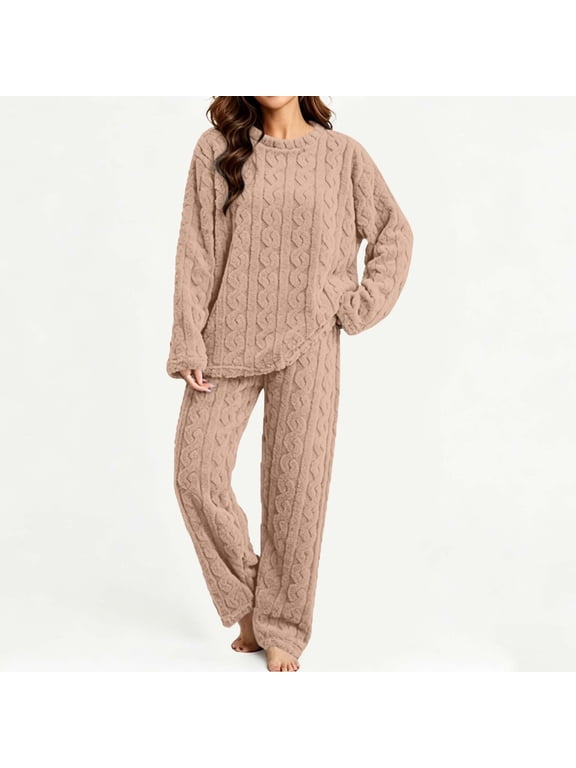 Women's Cable Knit 2 Piece Lounge Set Crew Neck Cozy Pajamas Fall