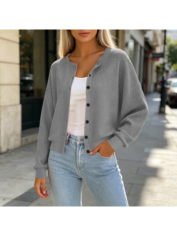 Women's Cropped Cardigan Button Down Crew Neck Long Sleeve Loose Knit Top
