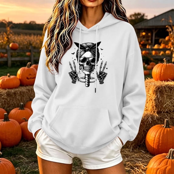 Molidfa Women's Edgy Skull Hoodie Rocker Graphic Oversized Halloween Pullover Sweatshirt
