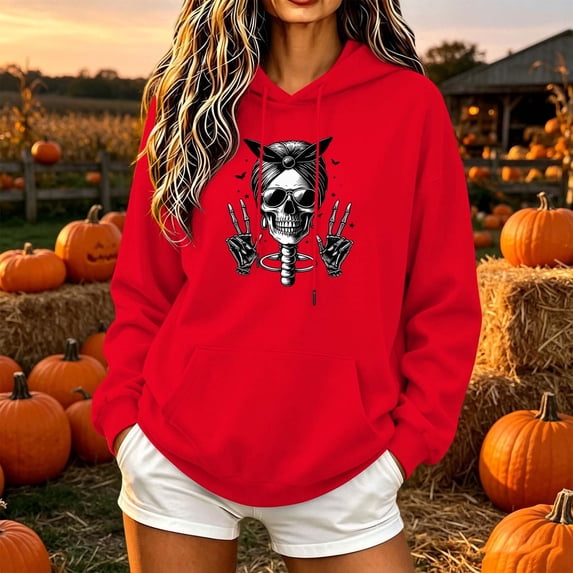 Molidfa Women's Edgy Skull Hoodie Rocker Graphic Oversized Halloween Pullover Sweatshirt