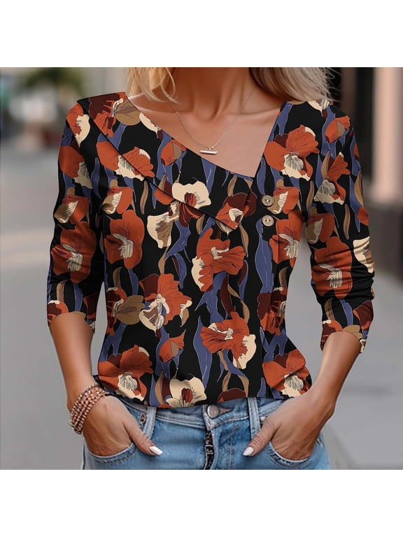 Women’s Relaxed Fit Rust Floral Fall 3/4 Sleeve Top