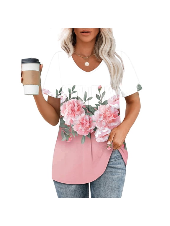 Women’s Floral Print Flutter Sleeve V-Neck Regular Fit Tee, Machine Washable