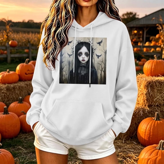 Molidfa Women's Ghost Girl Hoodie Spooky Bat Graphic Oversized Halloween Pullover Sweatshirt