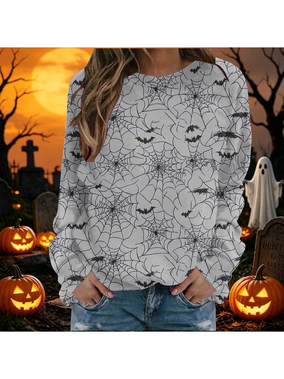 Women’s Halloween Spiderweb Bat Crew Long Sleeve Top