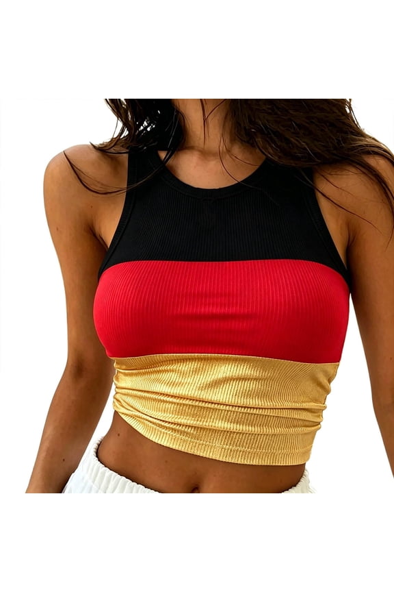 Women's Halter Neck Sleeveless Color Block Crop Tank Top Ribbed Modern Summer Cami
