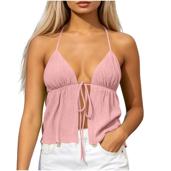 Molidfa Women's Halter V-Neck Sleeveless Tie Front Ruched Flowy Summer Cami Lightweight Breezy Resort Top