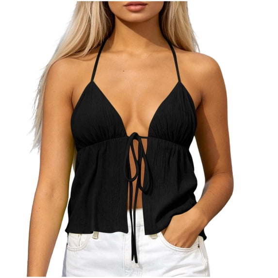 Molidfa Women's Halter V-Neck Sleeveless Tie Front Ruched Flowy Summer Cami Lightweight Breezy Resort Top