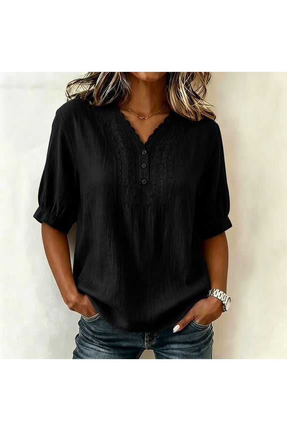 Women's Notch Neck Blouse 3/4 Blouson Sleeve Solid Color Ruched Front Button Down Loose Fit Classic Style Casual Elegant Top