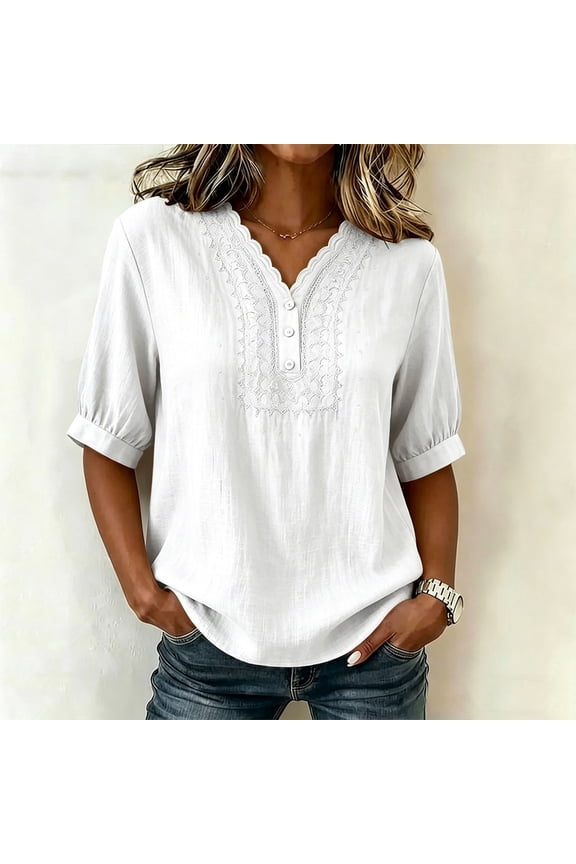 Women's Notch Neck Blouse 3/4 Blouson Sleeve Solid Color Ruched Front Button Down Loose Fit Classic Style Casual Elegant Top