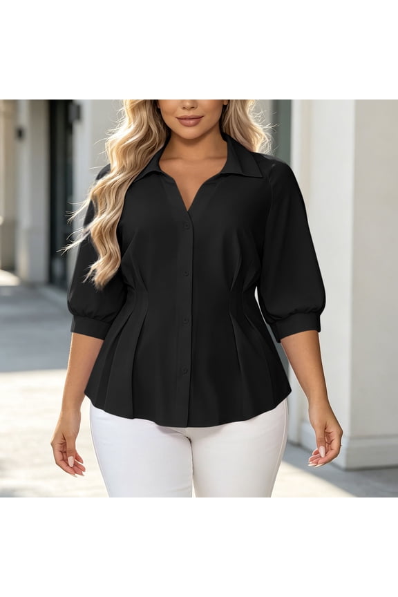 Women's Notch Neck Blouse 3/4 Blouson Sleeve Solid Color Ruched Front Button Down Tailored Fit Classic Style Casual Elegant Top