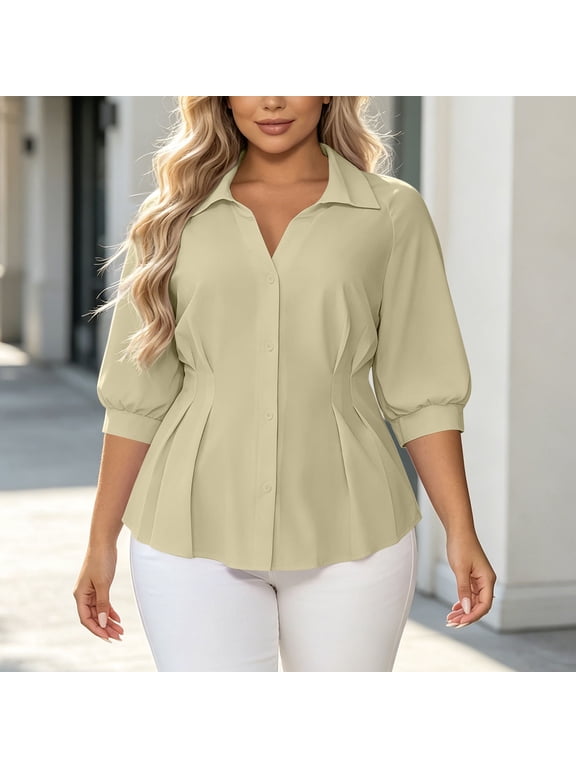 Women's Notch Neck Blouse 3/4 Blouson Sleeve Solid Color Ruched Front Button Down Tailored Fit Classic Style Casual Elegant Top