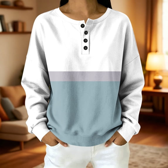 Molidfa Women’s Oversized Henley Sport Colorblock Long Sleeve Sweatshirt
