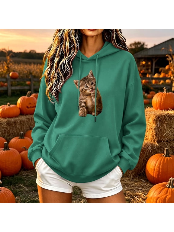 Women's Realistic Cat Hoodie Cute Kitten Graphic Oversized Sweatshirt Top