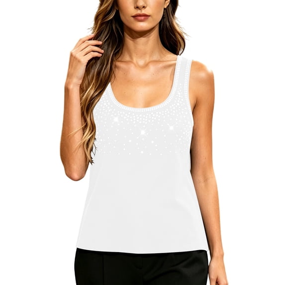Molidfa Women's Scoop Neck Sleeveless Stretchable Slim Fit Solid Rhinestone Embellished Tank Tops for Women Summer Party