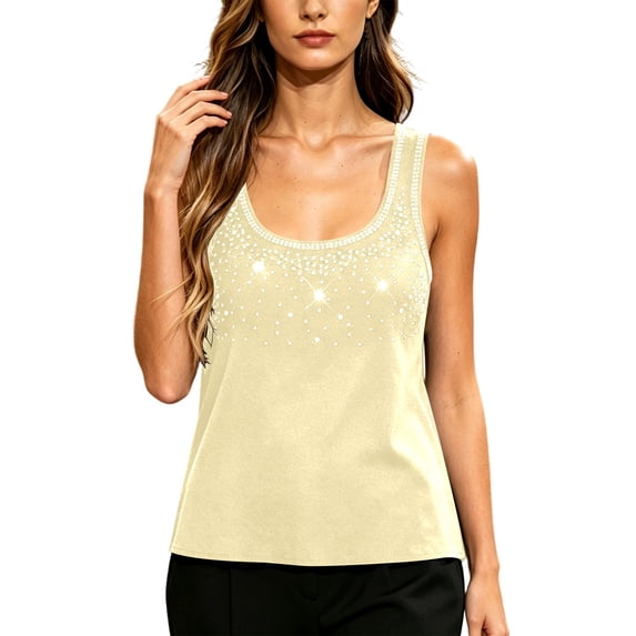 Molidfa Women's Scoop Neck Sleeveless Stretchable Slim Fit Solid Rhinestone Embellished Tank Tops for Women Summer Party