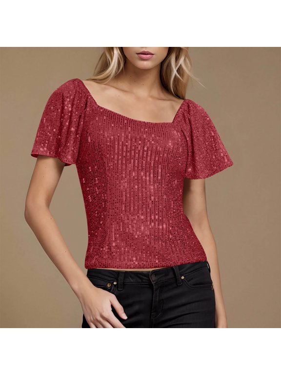 Women’s Sequin Flutter Sleeve Round Neck Regular Fit Tee, Machine Washable