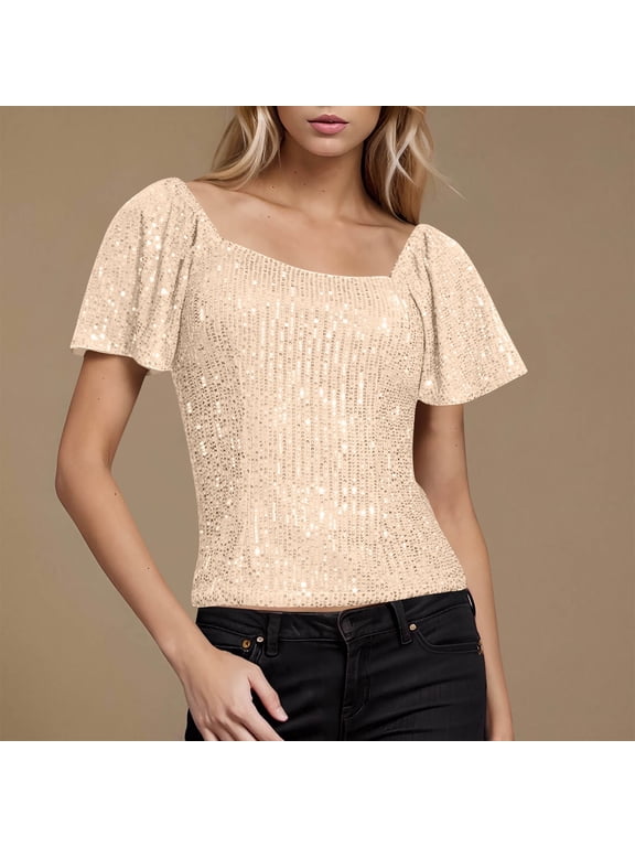 Women’s Sequin Flutter Sleeve Round Neck Regular Fit Tee, Machine Washable
