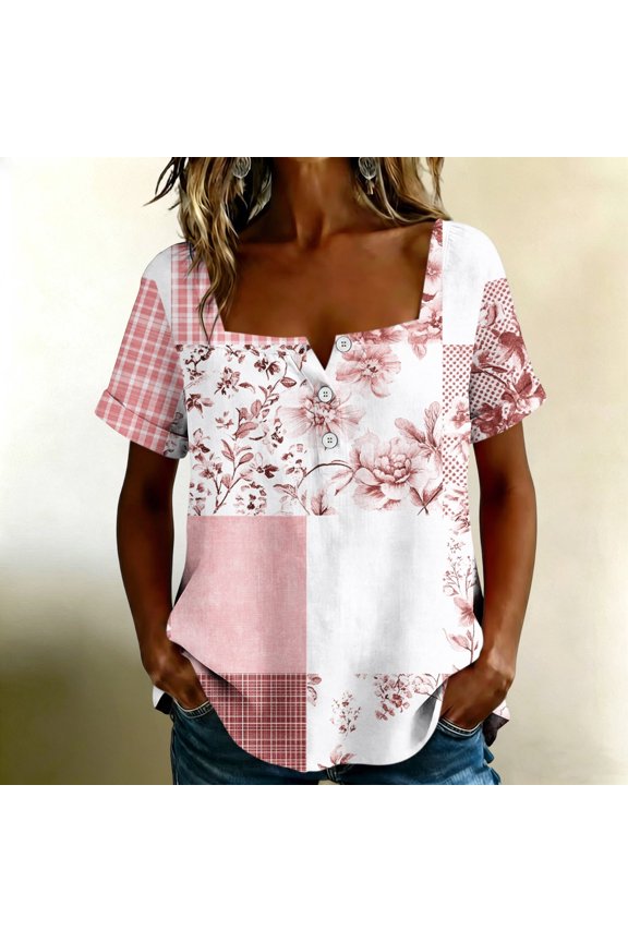 Women's Short Sleeve Flutter V-Neck Geometric Tee Short Sleeve Oversized Regular Moisture-Wicking Collarless Athleisure Pull-On