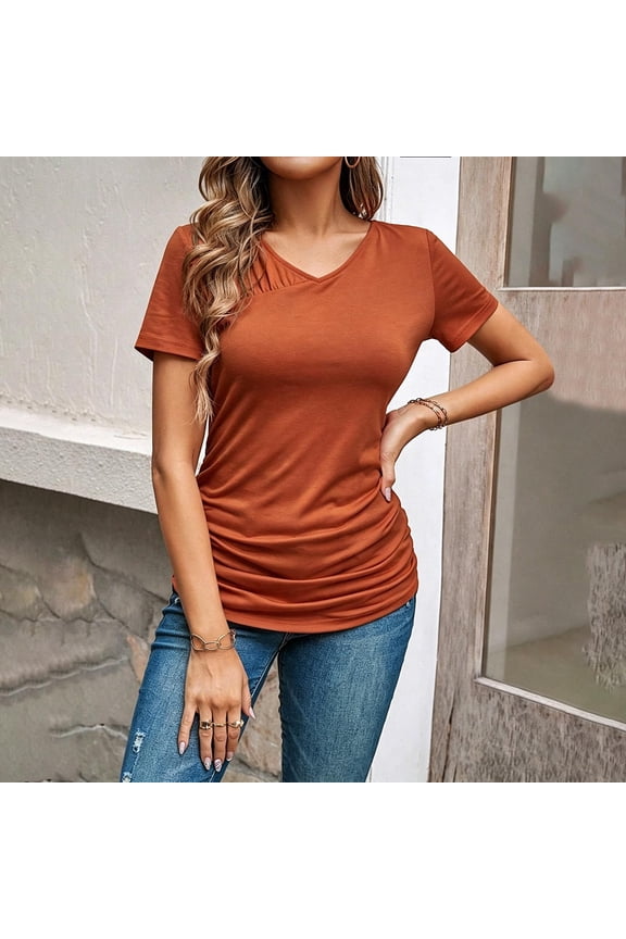 Women's Short Sleeve Flutter V-Neck Tee Floral Slim Short Sleeve Regular Athleisure Pull-On Wrinkle-Resistant Collarless