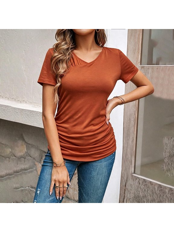 Women's Short Sleeve Flutter V-Neck Tee Floral Slim Short Sleeve Regular Athleisure Pull-On Wrinkle-Resistant Collarless