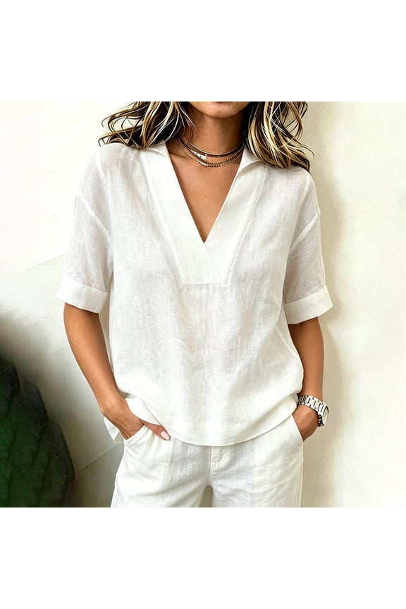 Women's Short Sleeve Striped V-Neck Regular Fit Tee Short Sleeve Flutter Regular Stretchable Collarless Casual Pull-On