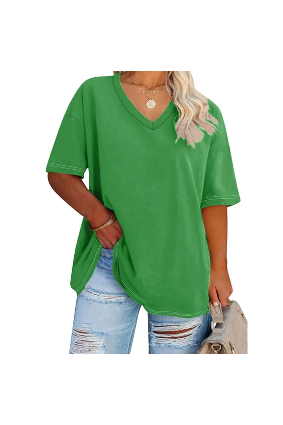 Women’s Solid V-Neck Loose Short Sleeve Casual T-Shirt, Machine Wash Cold