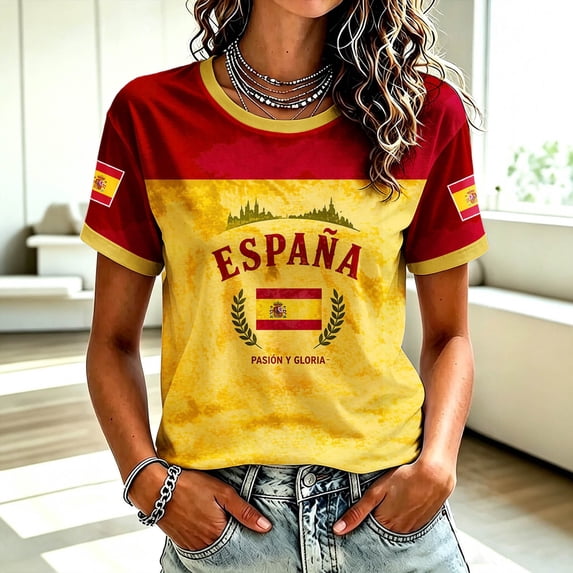 Molidfa Women's Spain 2026 Football Graphic Tee Crew Neck Short Sleeve Regular Fit Casual Lightweight Summer Top