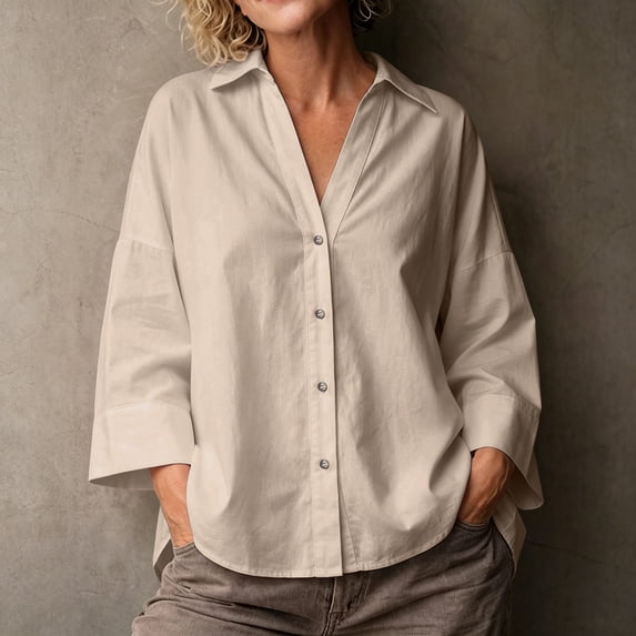 Molidfa Women's V-Neck 3/4 Sleeve Solid Button-Front Casual Shirt