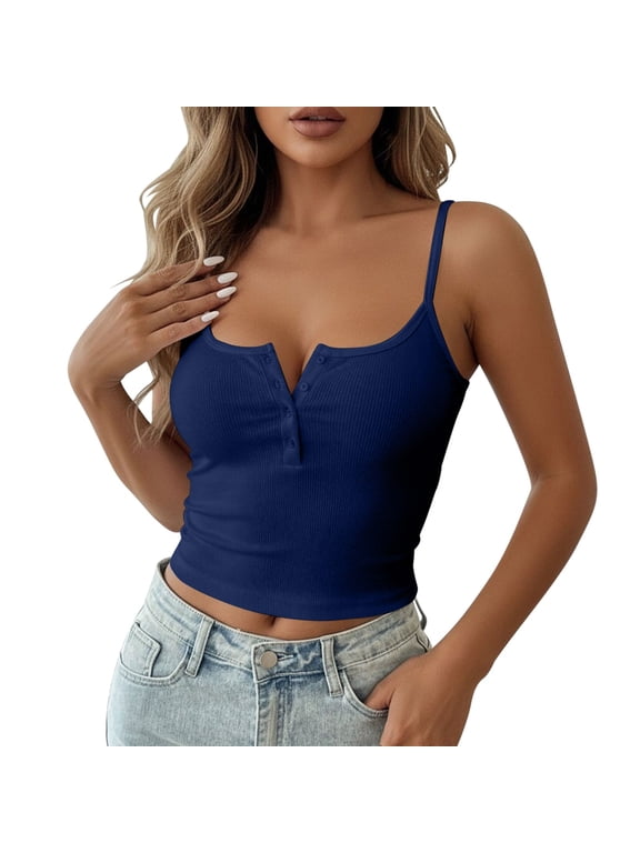 Women's V-Neck Button Front Ribbed Cropped Camisole Summer Casual Vacation Top