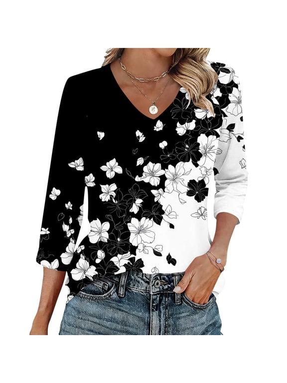 Womens 3/4 Sleeve V Neck Black White Floral Color Block Print Casual Top M Sizes