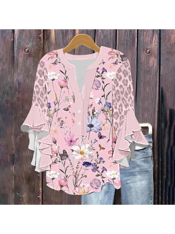 Womens 3/4 Sleeve V Neck Floral Butterfly Print Ruffle Flutter Sleeve Blouse S Sizes