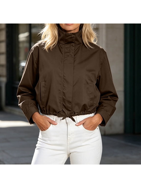 Womens Drawstring Cropped Zip Up Jacket Lightweight Windbreaker High Neck