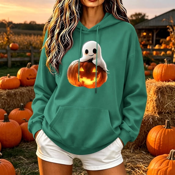 Molidfa Womens Glowing Pumpkin Hoodie Cute Ghost Halloween Graphic Oversized Top