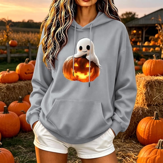 Molidfa Womens Glowing Pumpkin Hoodie Cute Ghost Halloween Graphic Oversized Top